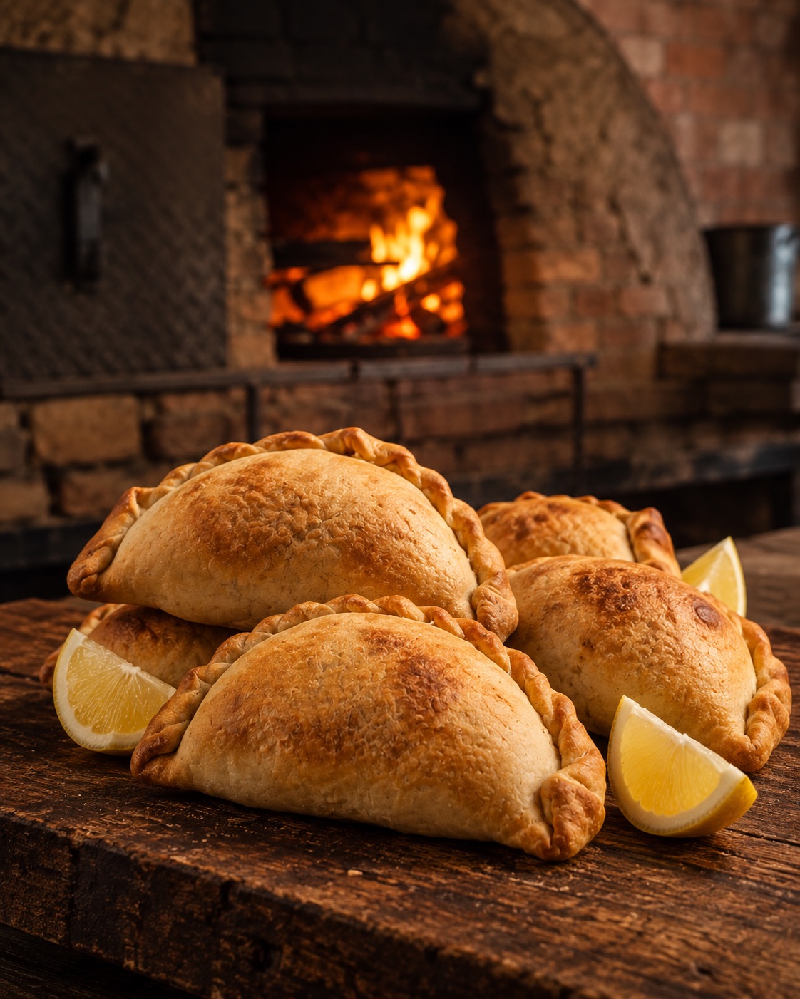 Empanadas artisanales devant un four traditionnel au feu de bois